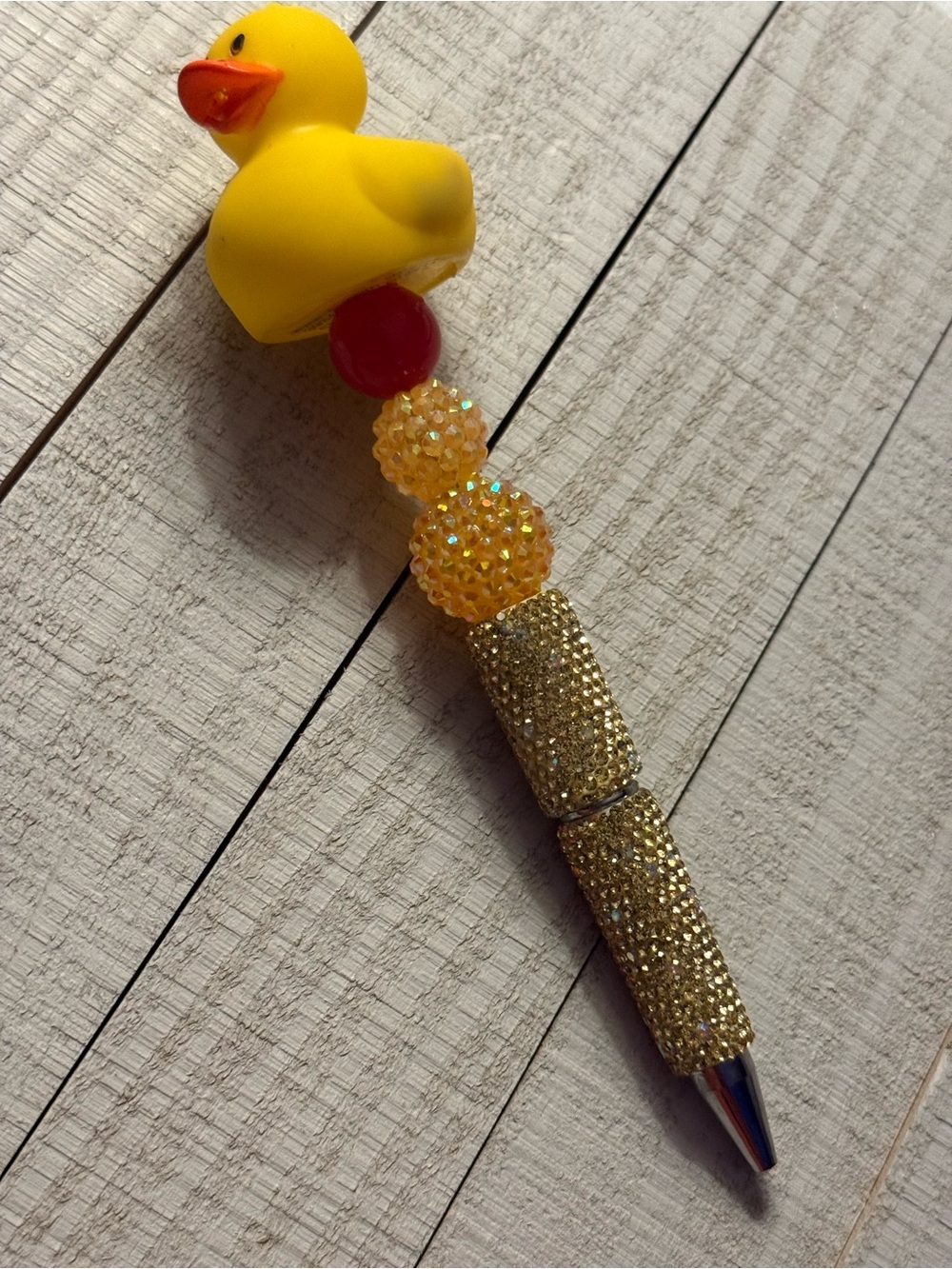 Yellow Duck Decorative Bead Pen with Gold Rhinestone Grip